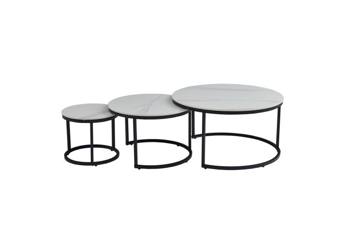 Table basse gigogne ronde design plateau en céramic et pieds en acier coloris Blanc D.80/60/40 x H.42.5/38.5/34.5 cm collection MARTA