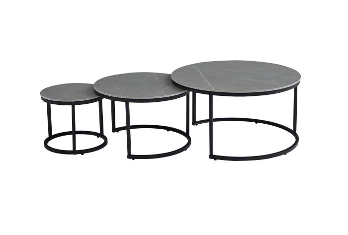 Table basse gigogne ronde design plateau en céramic et pieds en acier coloris Gris D.80/60/40 x H.42.5/38.5/34.5 cm collection MARTA