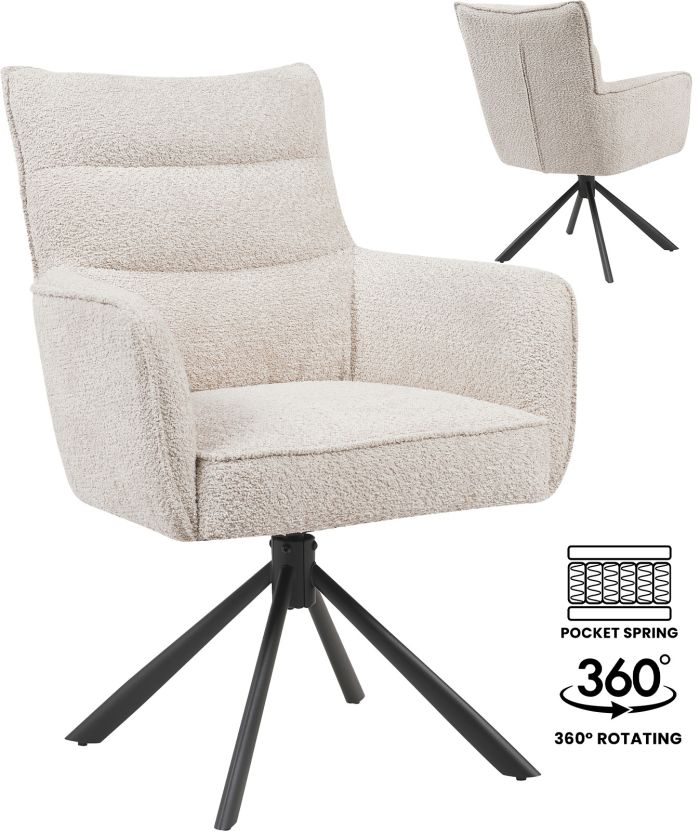 Chaise de salle à manger design rotatives à 360° revêtement en tissu beige avec piétement en acier noir avec des ressorts ensachés L.77 x P. 57 x H.64 cm collection CRETE