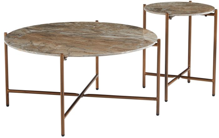 Table basse gigogne ronde design plateau en céramic et pieds en acier coloris Marron D.90/45 x H.45.5/55.5 cm collection SANTIAGO