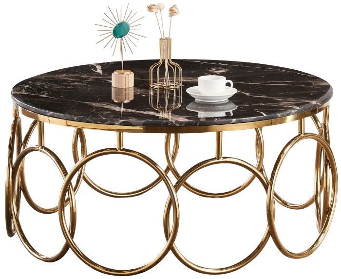 Table basse design en acier doré avec plateau en marbre artificiel noir L. 100 x P. 100 x H. 45 cm Collection BRUNO