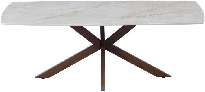 Table basse design plateau en céramique anti-griffe blanc et pieds en métal effet noyer L.130 x P.70 x H.45 cm collection ONTARIO