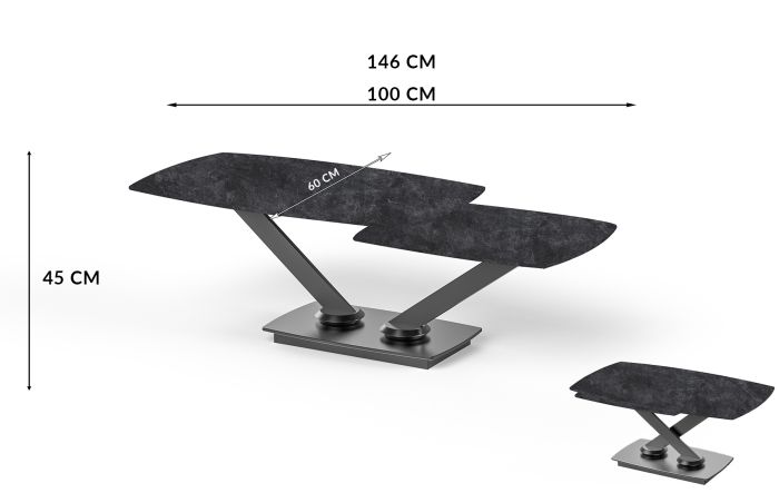 Table basse extensible design plateau en pierre frittée coloris gris foncé et pieds en acier coloris noir L.100-146 x P.60 x H.45 cm collection ALISHA