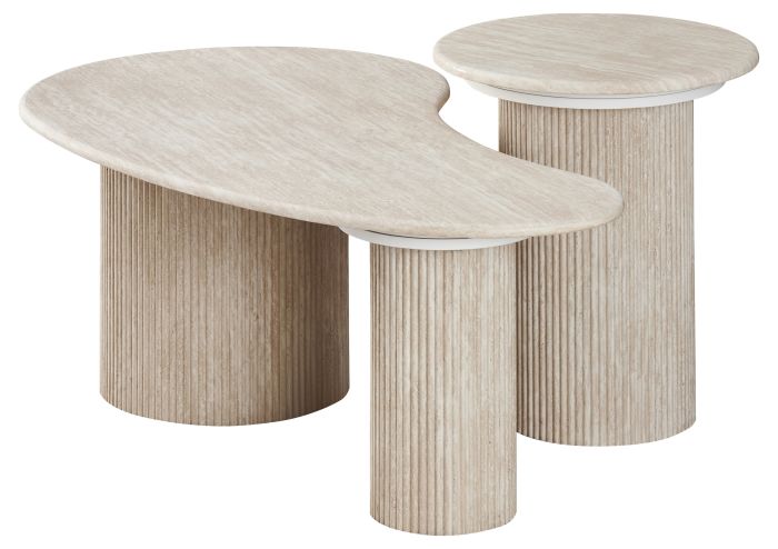 Table basse gigogne design plateau en marbre artificiel et pieds en MDF coloris Beige L.120 x P.70 x H.45 / D.50 x H.55 cm collection DEBRA