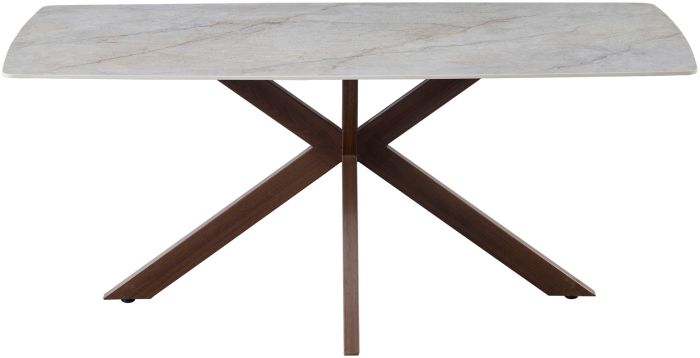 Table de salle à manger design plateau en céramique anti-griffe beige et pieds en métal effet noyer L.180 x P.90 x H.76 cm collection ONTARIO