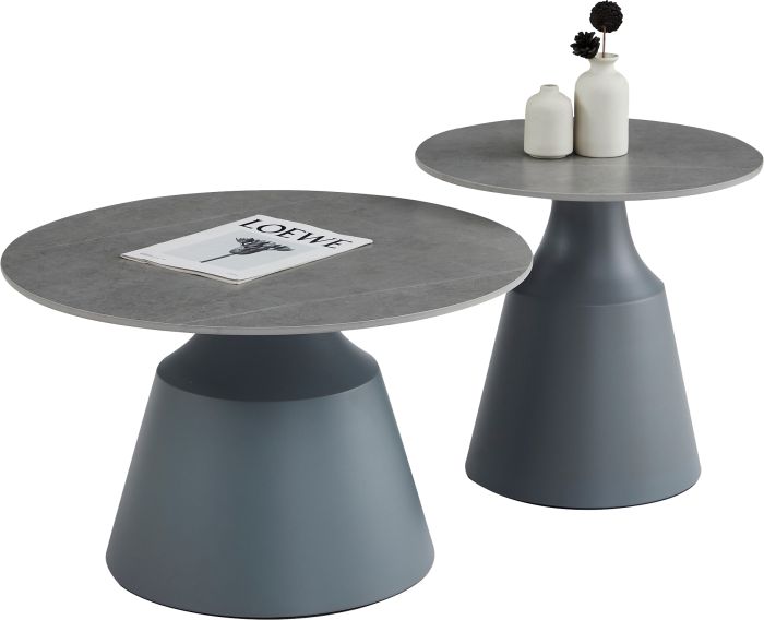 Table basse gigogne ronde design plateau en céramic gris et pieds en acier gris D.70/50 x H.43/49 cm collection KATERINA