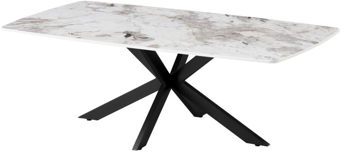 Table basse design plateau en céramique anti-griffe blanc et beige et pieds en métal noir L.130 x P.70 x H.45 cm collection ONTARIO