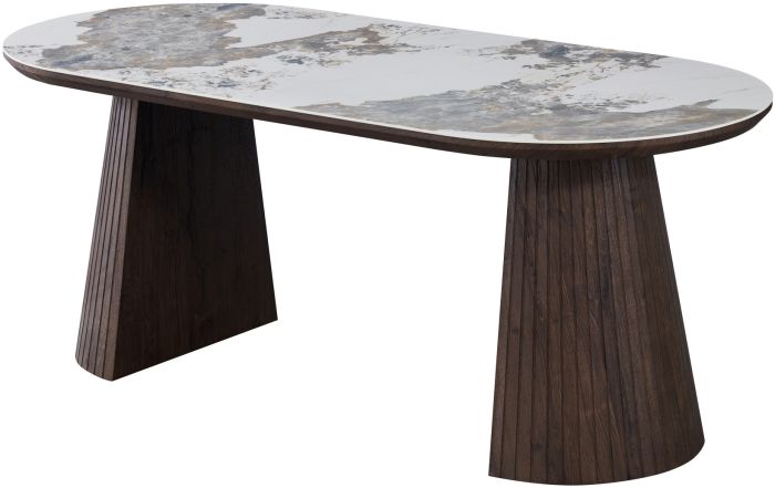 Table de salle à manger ovale design plateau en céramique travertin et pieds en MDF effet noyer L.200 x P.90 x H.76 cm collection MAYFAIR