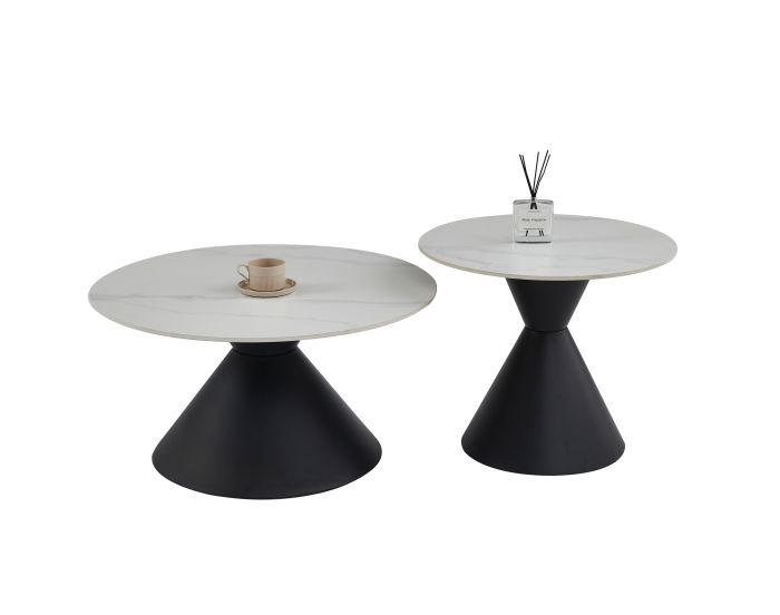 Table basse gigogne ronde design plateau en céramic blanc et pieds en acier noir D.80/60 x H.42.5/52 cm collection PABLO