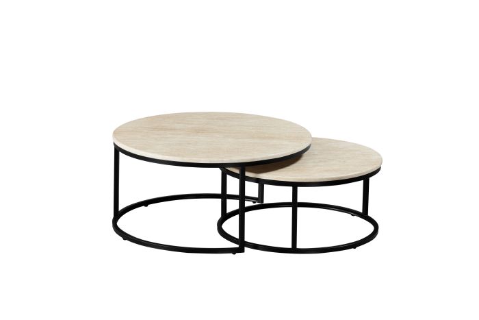 Table basse gigogne ronde design plateau en marbre artificiel et pieds en acier coloris Beige et Noir D.85/70 x H.40/32 cm collection MARJA