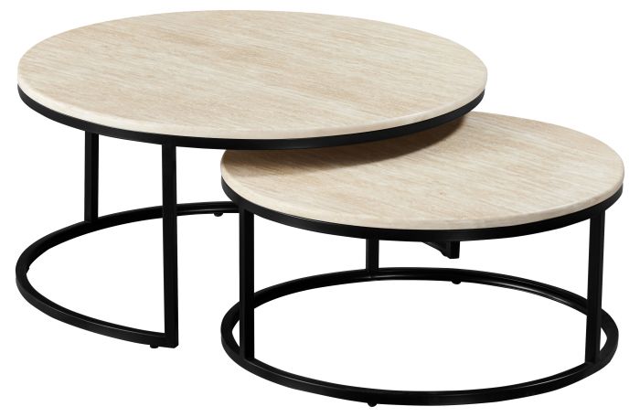 Table basse gigogne ronde design plateau en marbre artificiel et pieds en acier coloris Beige et Noir D.85/70 x H.40/32 cm collection MARJA