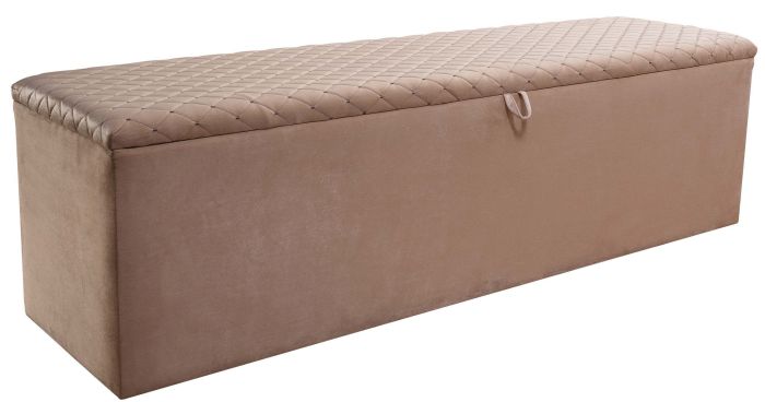 Banc bout de lit coffre avec rangement coloris beige design en velours L. 150 x P. 41 x H. 45 cm collection PARIS