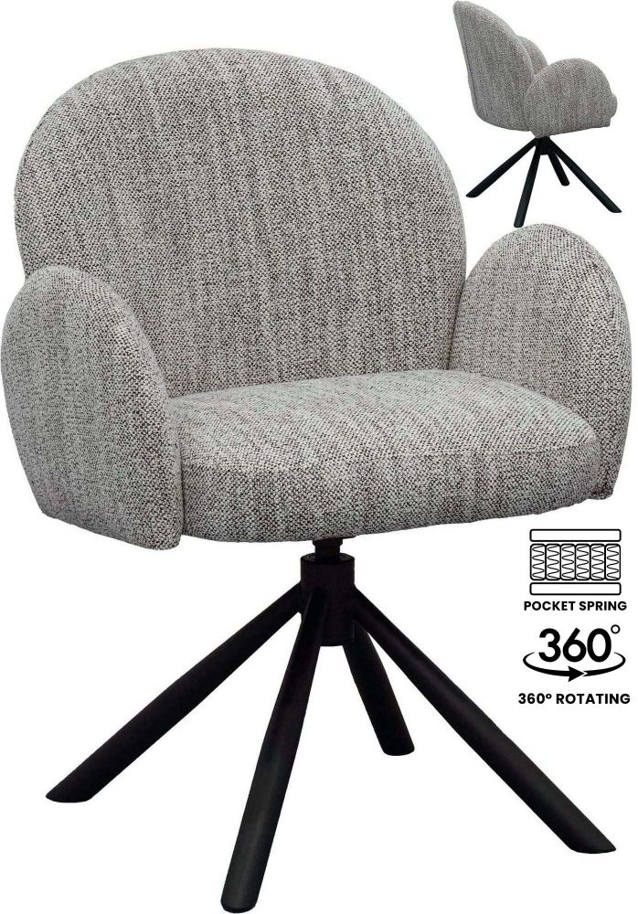 Chaise de salle à manger design rotatives à 360° revêtement en tissu noir avec piétement en acier noir avec des ressorts ensachés L.66 x P.62 x H.83.5 cm collection SARAHA