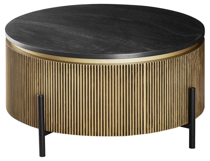 Table basse design plateau en MDF Veneer et pieds en acier coloris Noir et Doré D.90 x H.43 cm collection GUSTA