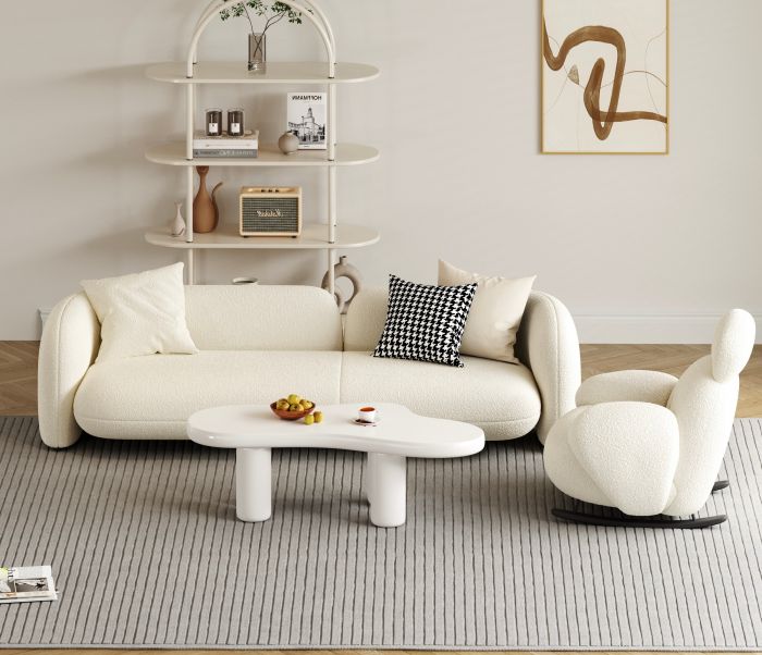 Table basse design en bois mdf avec peinture laqué effet beton coloris blanc L.130 x P.65 x H.42 cm collection MILA