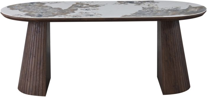 Table de salle à manger ovale design plateau en céramique travertin et pieds en MDF effet noyer L.200 x P.90 x H.76 cm collection MAYFAIR