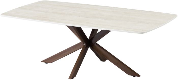 Table basse design plateau en céramique anti-griffel beige et pieds en métal effet noyer L.130 x P.70 x H.45 cm collection ONTARIO