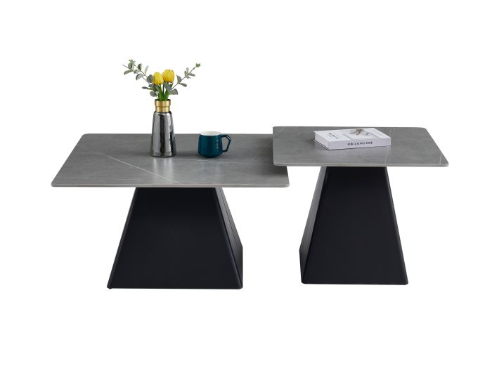 Table basse gigogne design plateau en céramic gris et pieds en acier noir L.80/60 x P.80/60 x H.44/48 cm collection MARCO