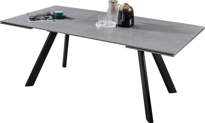 Table de salle à manger extensible design plateau en marbre artificiel coloris gris clair et pieds en acier coloris Noir L.160-240 x P.90 x H.75 cm collection NESSA