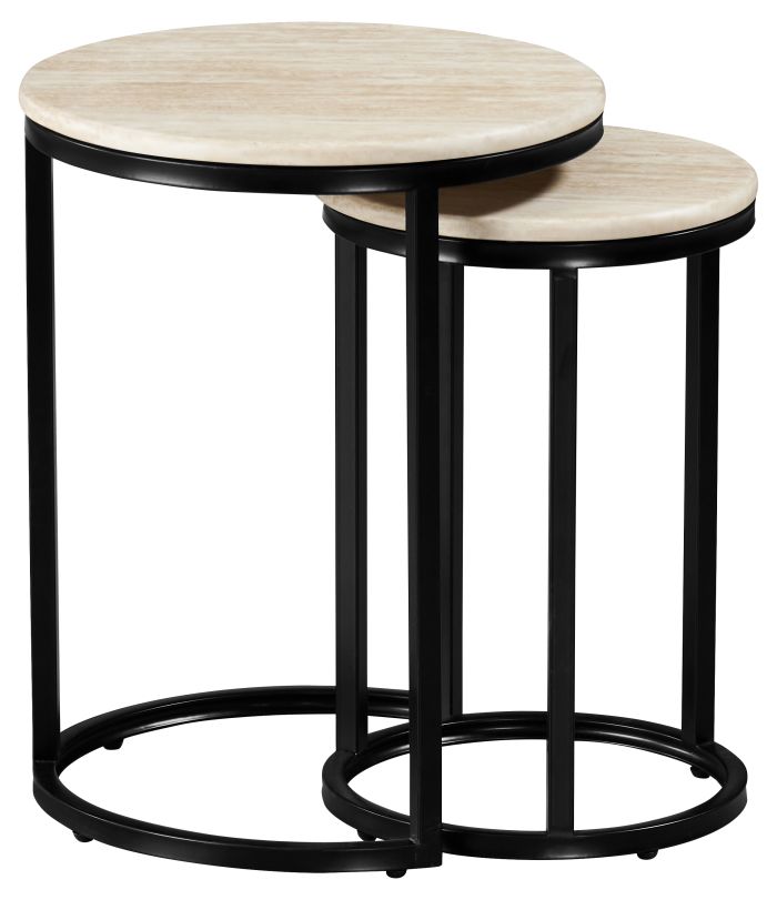 Table basse gigogne ronde design plateau en marbre artificiel et pieds en acier coloris Beige et Noir D.45/34 x H.57/50 cm collection MARJA