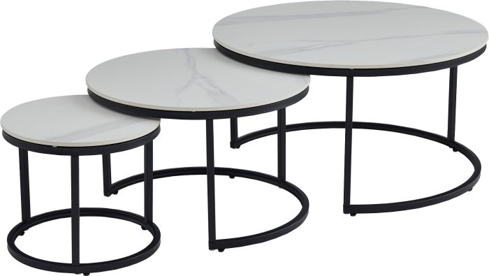 Table basse gigogne ronde design plateau en céramic et pieds en acier coloris Blanc D.80/60/40 x H.42.5/38.5/34.5 cm collection MARTA
