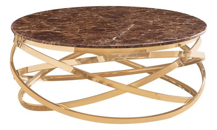 Table basse design rond avec piètement en acier inoxydable poli doré et plateau en marbre artificiel marron L. 100 x H. 43 cm collection ENRICO