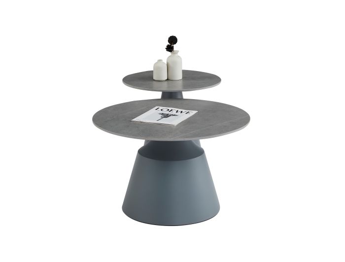 Table basse gigogne ronde design plateau en céramic gris et pieds en acier gris D.70/50 x H.43/49 cm collection KATERINA