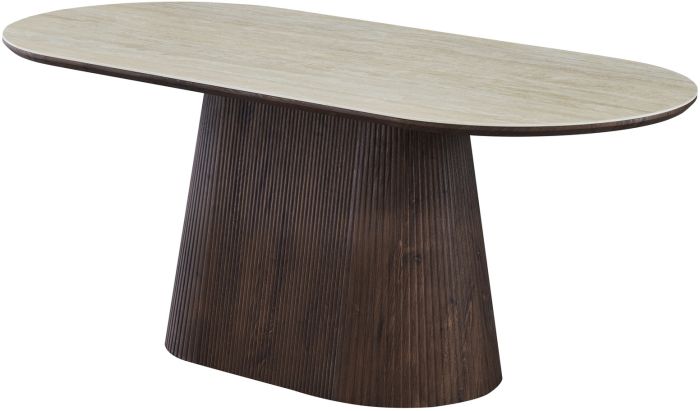 Table de salle à manger ovale design plateau en céramique travertin et pieds en MDF effet noyer L.200 x P.90 x H.76 cm collection SOHO