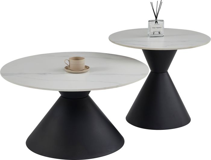Table basse gigogne ronde design plateau en céramic blanc et pieds en acier noir D.80/60 x H.42.5/52 cm collection PABLO