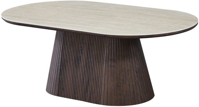 Table basse ovale design plateau en céramique travertin et pieds en MDF effet noyer L.130 x P.70 x H.45 cm collection SOHO