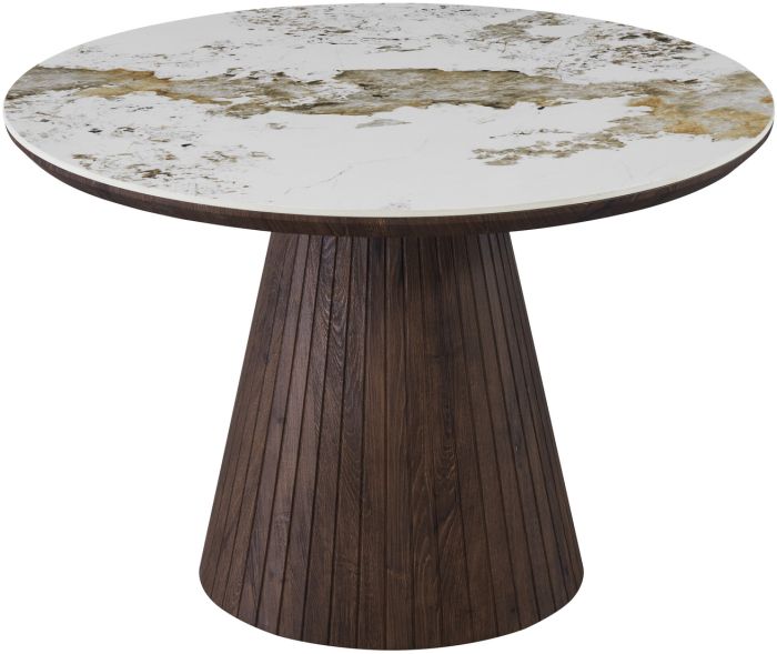 Table de salle à manger ronde design plateau en céramique travertin et pieds en MDF effet noyer D.120 x H.76 cm collection MAYFAIR
