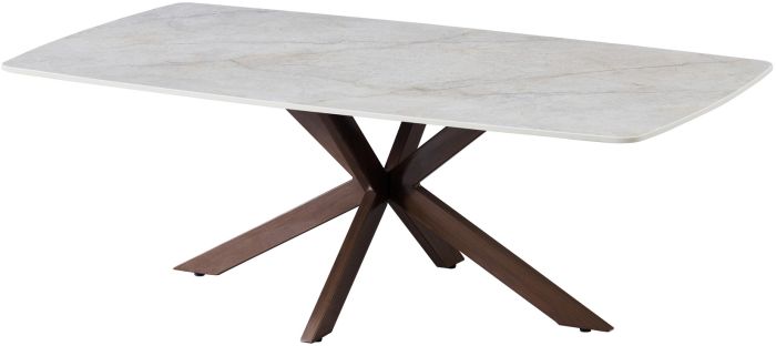 Table basse design plateau en céramique anti-griffe blanc et pieds en métal effet noyer L.130 x P.70 x H.45 cm collection ONTARIO