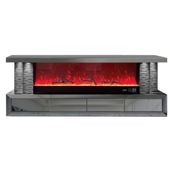 Designer TV unit with integrated artificial fireplace in MDF wood and grey mirror, W.200 x D.40 x H.70 cm, CARA collection