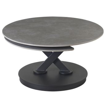 Extendable designer coffee table with a light grey sintered stone top and black steel legs, L.85-127 x D.85 x H.45 cm, MANILA collection