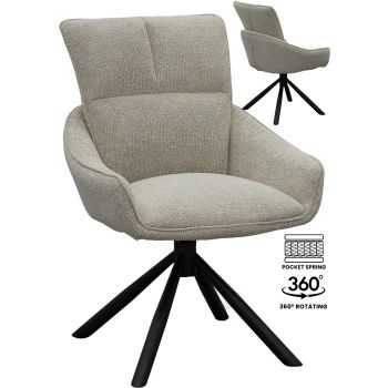 Designer dining chair with 360° swivel, grey fabric upholstery, and black steel base with pocket springs. W 58 x D 62.5 x H 88.5 cm. GRACE collection.