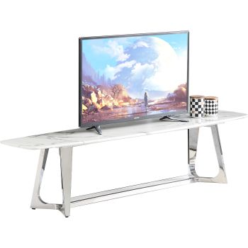 Designer TV stand with white artificial marble top and polished silver stainless steel base, Veneta collection, W 180 x D 42 x H 45 cm