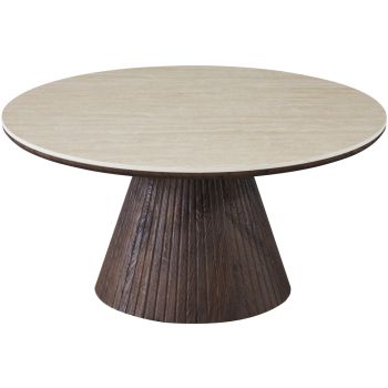 Round designer coffee table with travertine ceramic top and walnut-effect MDF legs, D.100 x H.45 cm, SOHO collection