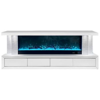 Designer TV unit with integrated artificial fireplace in MDF wood and white mirror, W.200 x D.40 x H.70 cm, CARA collection