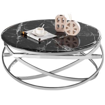 Round designer coffee table with polished silver stainless steel base and black artificial marble top, L. 100 x H. 43 cm, ENRICO collection