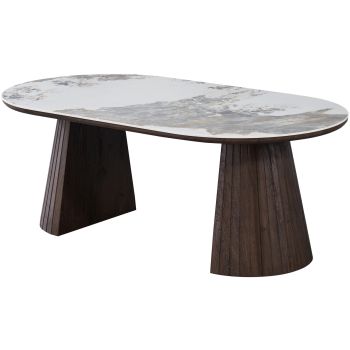 Oval designer coffee table with travertine ceramic top and walnut-effect MDF legs, L.130 x D.70 x H.45 cm, MAYFAIR collection