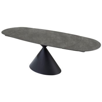 Extendable designer dining table with a light grey sintered stone top and black steel legs. L.160-240 x D.90 x H.75 cm, ANGELA collection