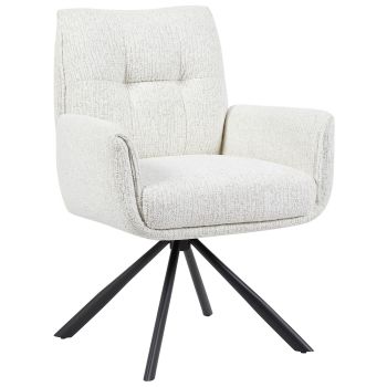 SUZY collection 360° swivel designer dining chair, featuring beige fabric upholstery, black steel legs, and pocket springs – W 62 x D 66 x H 90 cm