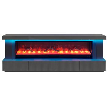 LOLA collection designer TV unit with integrated artificial fireplace, made of MDF wood and grey mirror, W200 x D40 x H70 cm