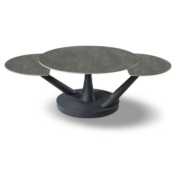 Extendable designer coffee table with a light grey artificial marble top and black steel legs. L.85-140 x D.85 x H.45.6 cm. SAVONA collection
