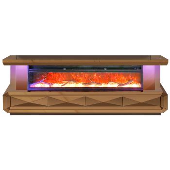 Designer TV unit with integrated artificial fireplace in MDF wood and bronze mirror, W200 x D40 x H70 cm, CLEO collection