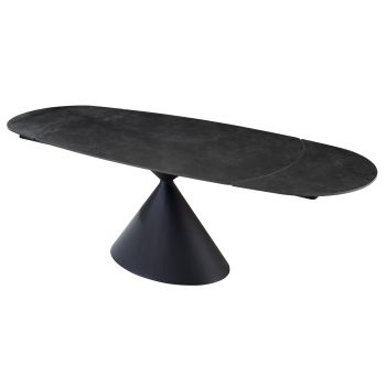 Extendable designer dining table with a dark grey sintered stone top and black steel legs. L.160-240 x W.90 x H.75 cm, ANGELA collection
