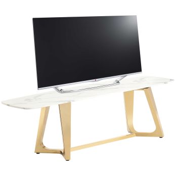 Designer TV stand with white artificial marble top and polished gold stainless steel base. Veneta Collection. W 180 x D 42 x H 45 cm