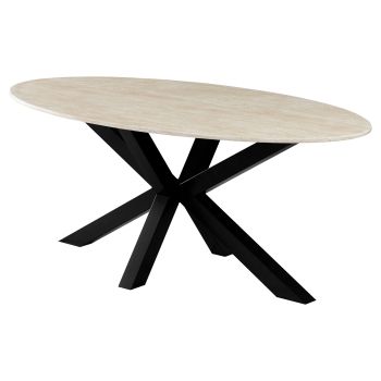 Oval designer dining table with artificial marble top and beige and black steel legs, L.200 x W.100 x H.76 cm, MARJA collection