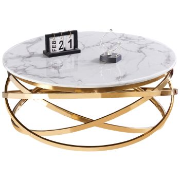 Round designer coffee table with polished gold stainless steel base and white artificial marble top, L. 100 x H. 43 cm, ENRICO collection