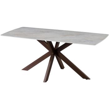 Designer dining table with beige scratch-resistant ceramic top and walnut-effect metal legs, L.180 x W.90 x H.76 cm, ONTARIO collection